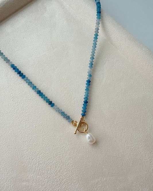 Crete Blue Aventurine Pearl Toggle Necklace Gold Filled